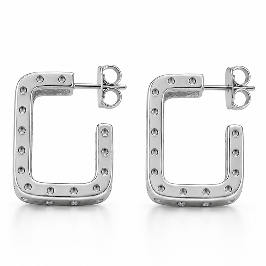 Semijoia Brinco Argola Quadrada Detalhes 24mm Banho Ródio