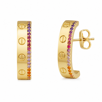 Semijoia Brinco Argola Com Zircônia Colorida 27mm Banho Ouro 18K
