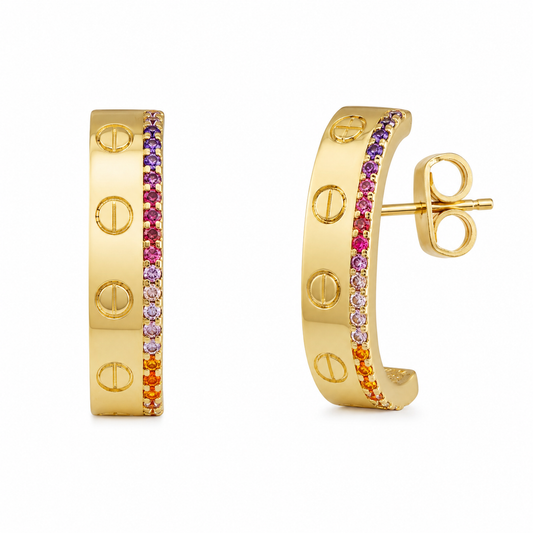 Semijoia Brinco Argola Com Zircônia Colorida 27mm Banho Ouro 18K