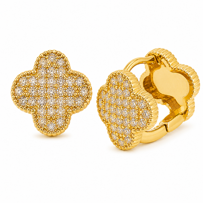 Semijoia Brinco Trevo Cravejado 10mm Banho Ouro 18K