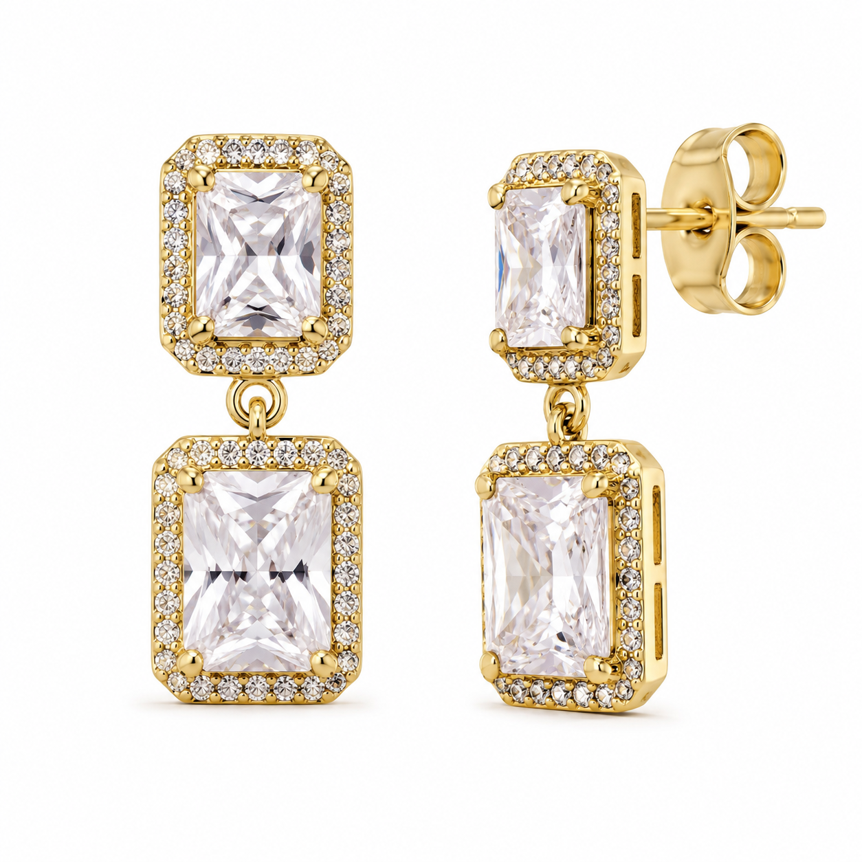 Semijoia Brinco Zircônia Dupla 20mm Banho Ouro 18K