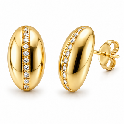 Semijoia Brinco Botão Oval Com Zircônias 24mm Banho Ouro 18K
