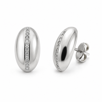 Semijoia Brinco Botão Oval Com Zircônias 24mm Banho Ródio