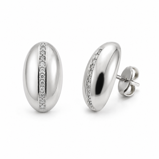 Semijoia Brinco Botão Oval Com Zircônias 24mm Banho Ródio