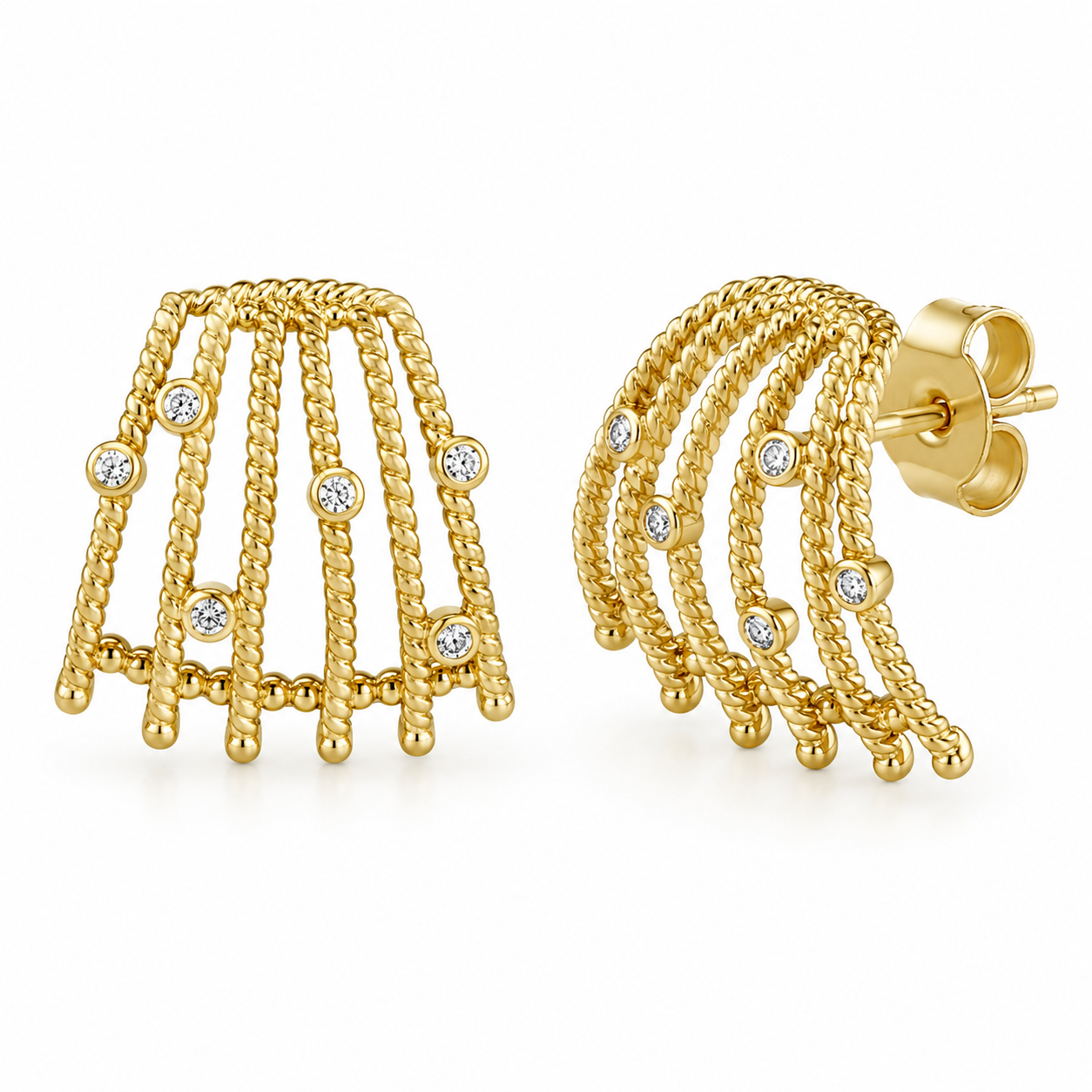 Semijoia Brinco Ear Cuff Fios Com Zircônia 19mm Banho Ouro 18K