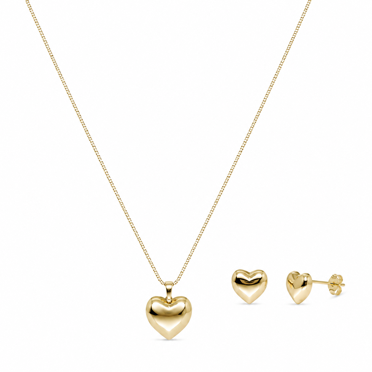Semijoia Conjunto Coração Lapidado Brinco Colar 45cm Banho Ouro 18K