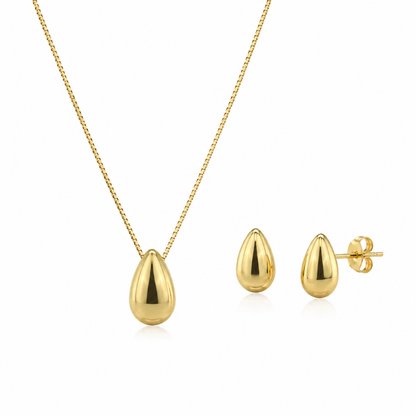 Semijoia Conjunto Gota Lisa Brinco Colar 45cm Banho Ouro 18K