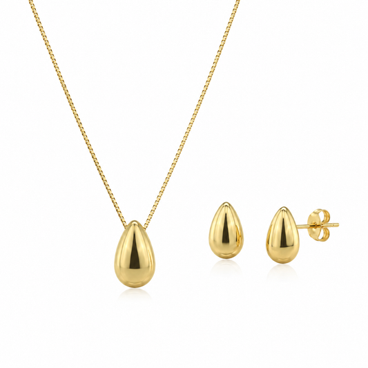 Semijoia Conjunto Gota Lisa Brinco Colar 45cm Banho Ouro 18K