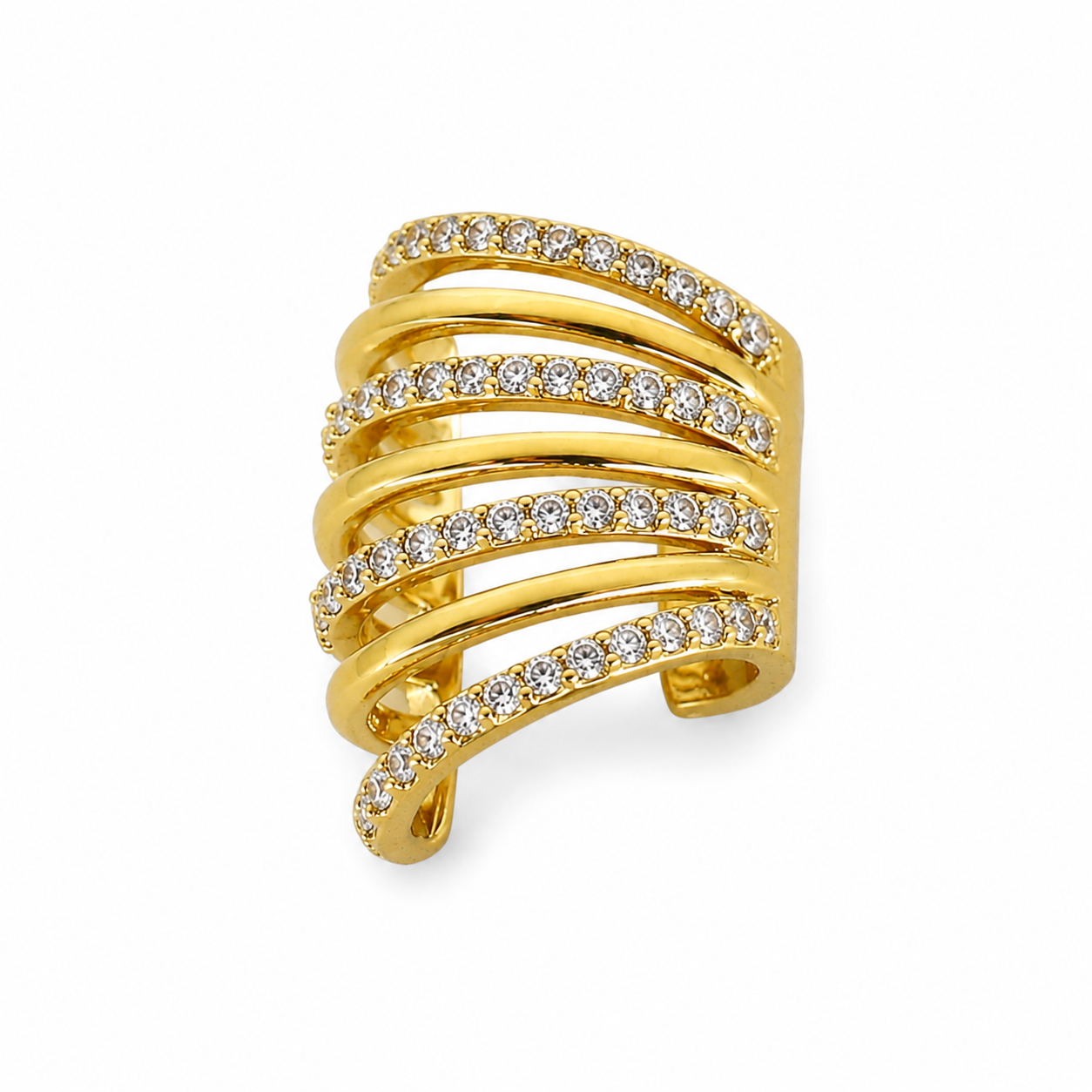 Semijoia Brinco Piercing Fake 6 Fileiras Cravejado E Liso 17mm Banho Ouro 18K