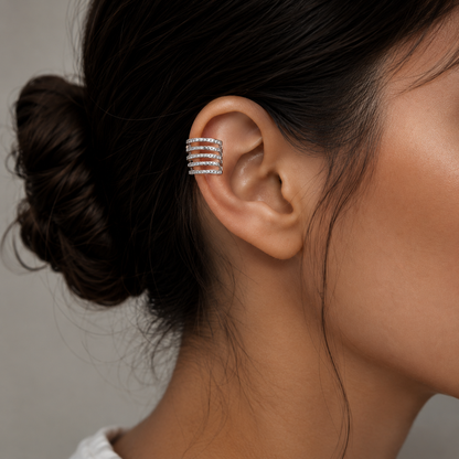 Semijoia Brinco Piercing Fake 6 Fileiras Cravejado E Liso 17mm Banho Ródio