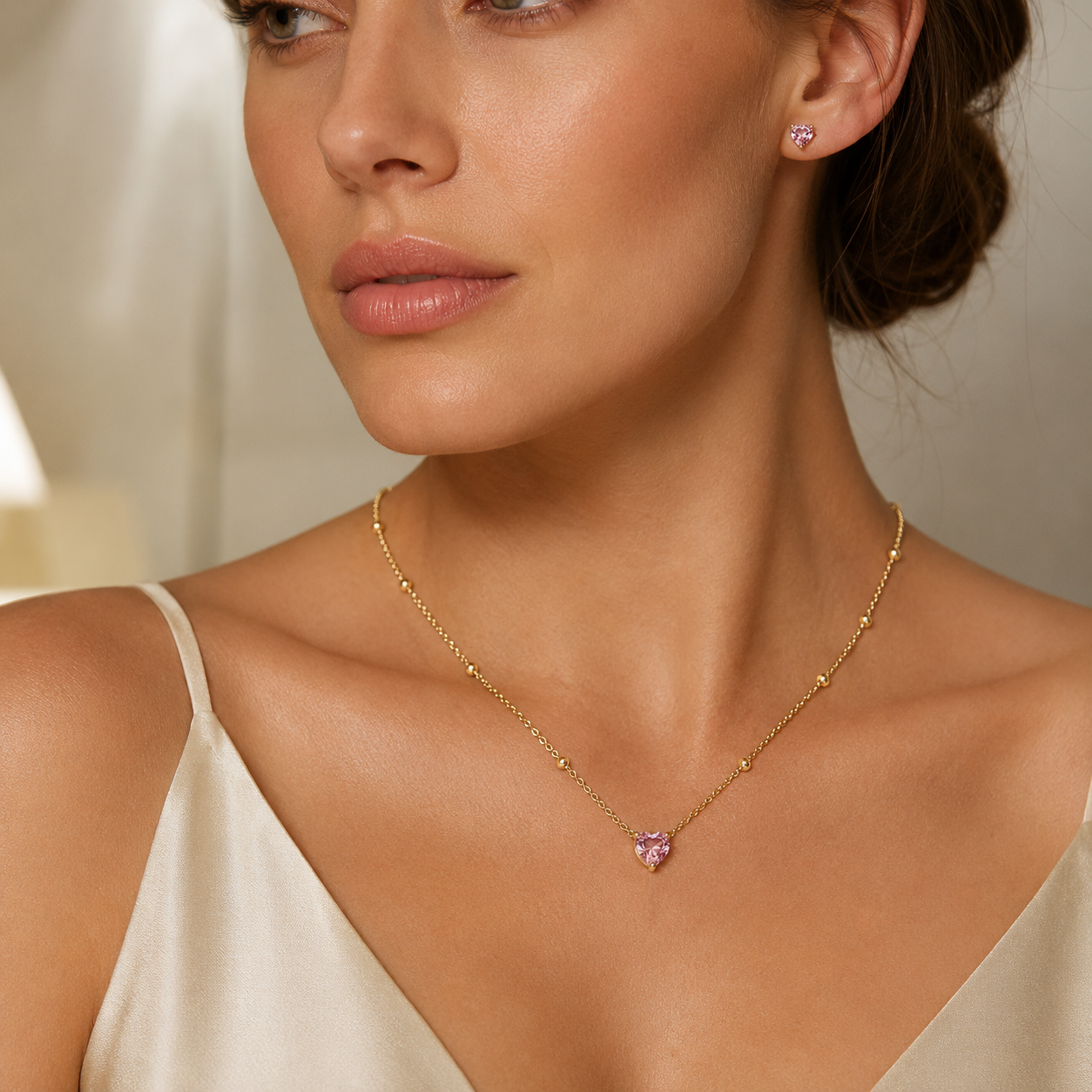 Semijoia Conjunto Bolinha E Coração Rosa 45cm Colar Banho Ouro 18K