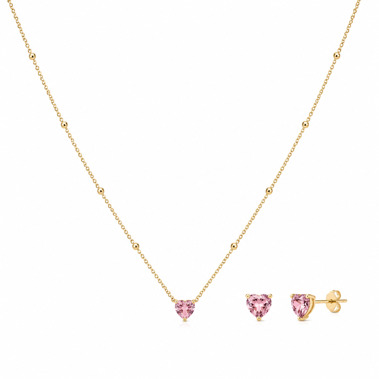 Semijoia Conjunto Bolinha E Coração Rosa 45cm Colar Banho Ouro 18K