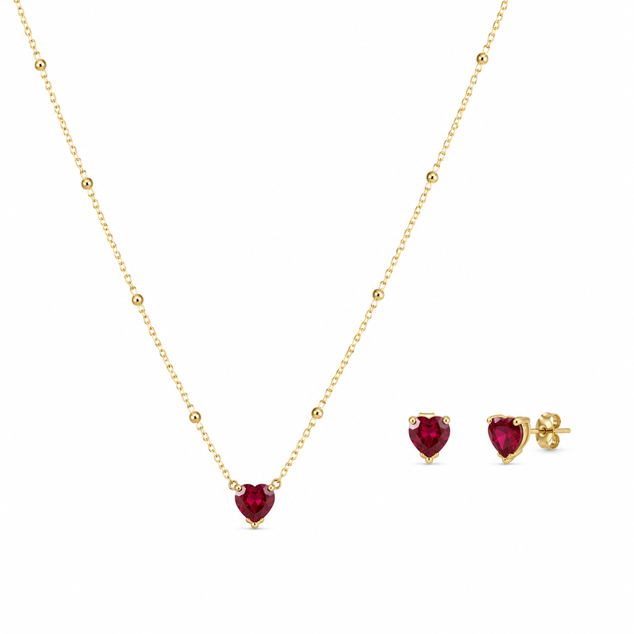 Semijoia Conjunto Bolinha E Coração Vermelho 45cm Colar Banho Ouro 18K