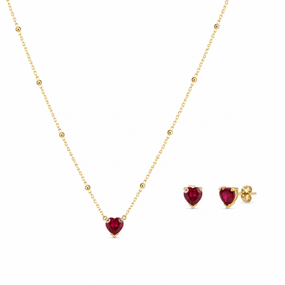 Semijoia Conjunto Bolinha E Coração Vermelho 45cm Colar Banho Ouro 18K