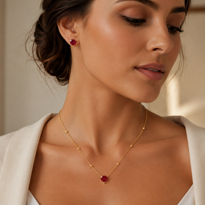 Semijoia Conjunto Bolinha E Coração Vermelho 45cm Colar Banho Ouro 18K