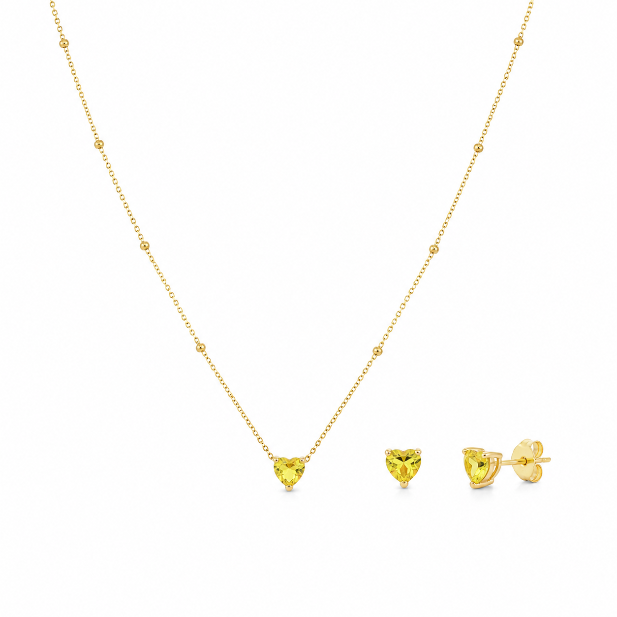 Semijoia Conjunto Bolinha E Coração Amarelo 45cm Colar Banho Ouro 18K