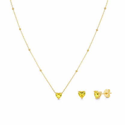 Semijoia Conjunto Bolinha E Coração Amarelo 45cm Colar Banho Ouro 18K