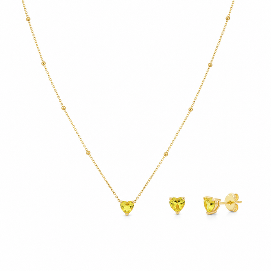 Semijoia Conjunto Bolinha E Coração Amarelo 45cm Colar Banho Ouro 18K