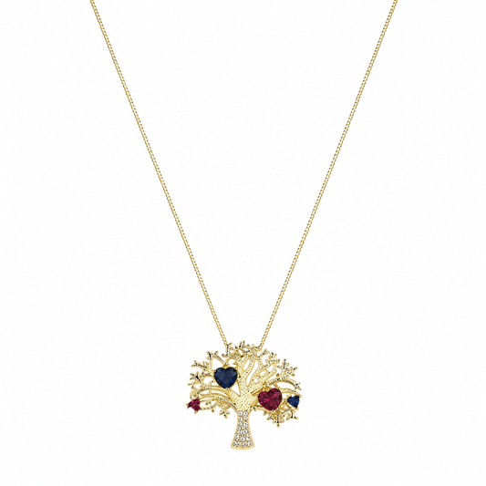 Semijoia Colar Árvore Da Vida Coraços Flores Cravejados 45cm Colar Banho Ouro 18K