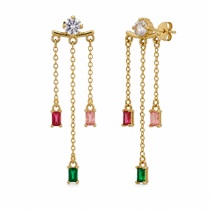 Semijoia Brinco Franja Zircônia E Baguetes Colors 55mm Banho Ouro 18K