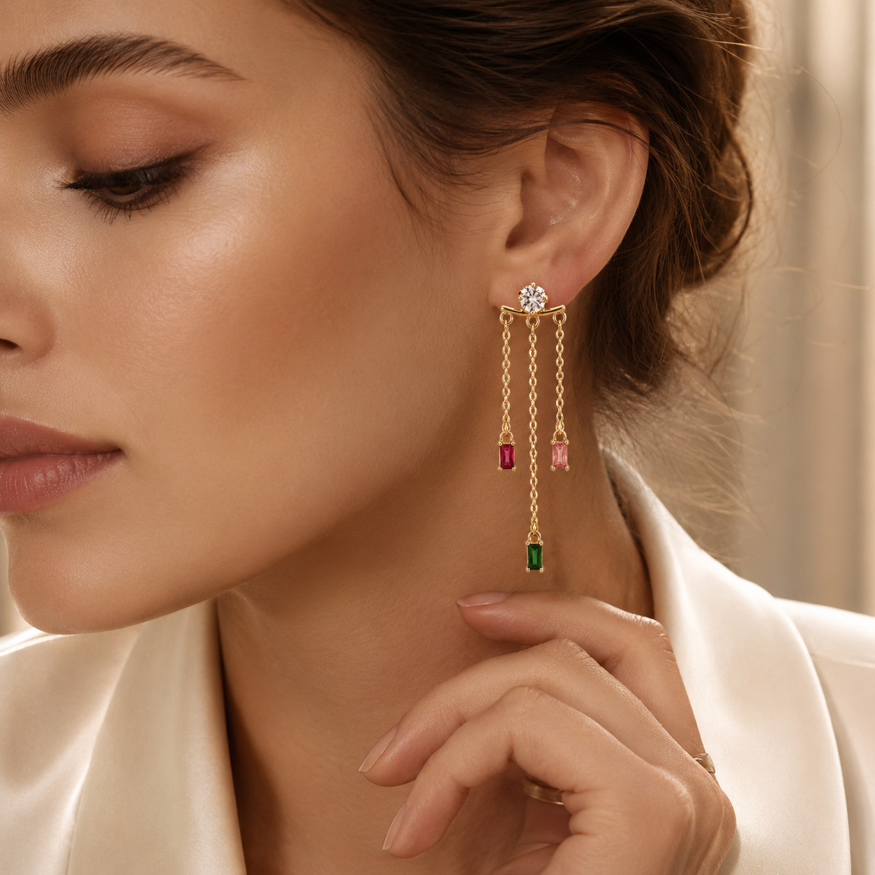Semijoia Brinco Franja Zircônia E Baguetes Colors 55mm Banho Ouro 18K