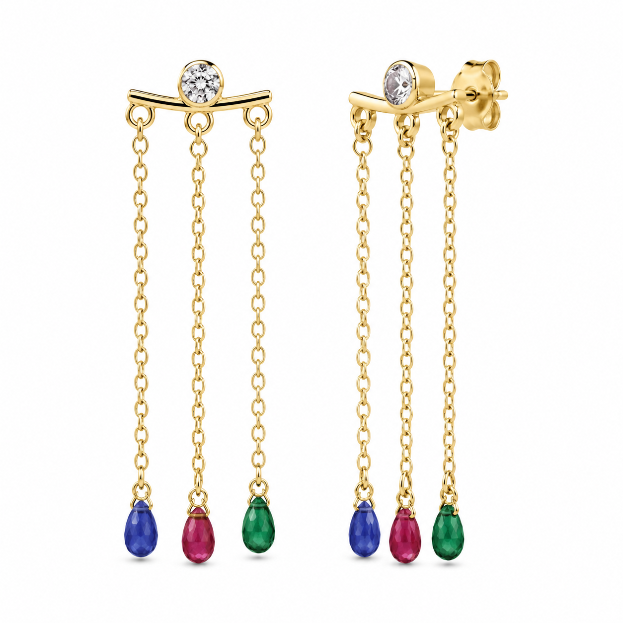 Semijoia Brinco Franja Zircônia E Gotas Colors 55mm Banho Ouro 18K
