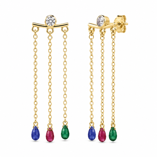 Semijoia Brinco Franja Zircônia E Gotas Colors 55mm Banho Ouro 18K