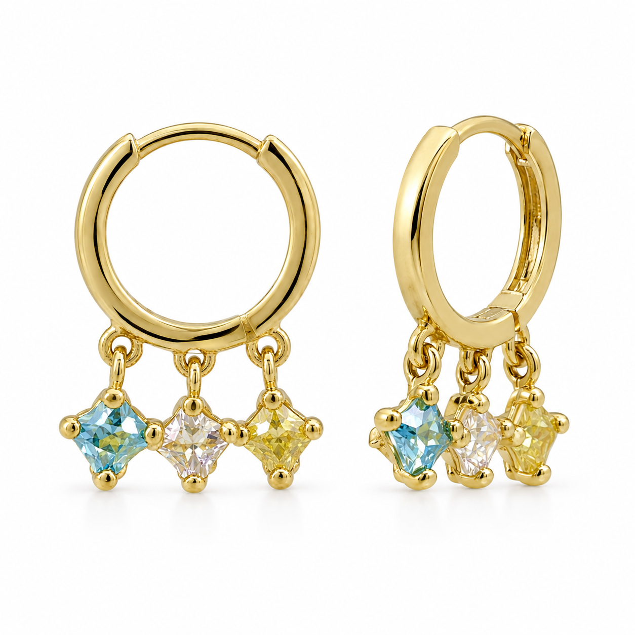 Semijoia Brinco Argola Pedrinhas Aqcua Cristal Yellow 20mm Banho Ouro 18K