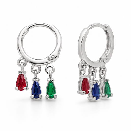 Semijoia Brinco Argola Gotas Azul Verde Rosa 20mm Banho Ródio