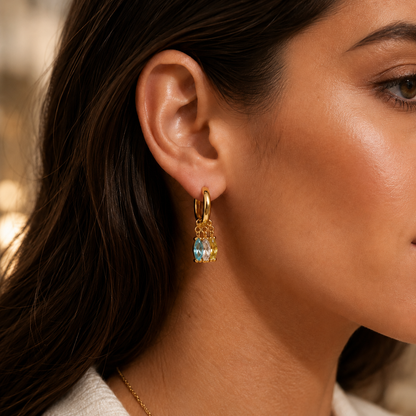 Semijoia Brinco Argola Navetes Acqua Cristal Amarelo 20mm Banho Ouro 18K