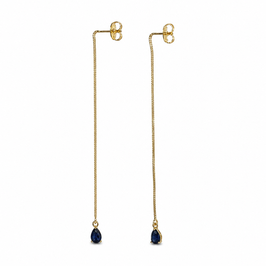 Semijoia Brinco Corrente Gota Azul 12cm Banho Ouro 18K