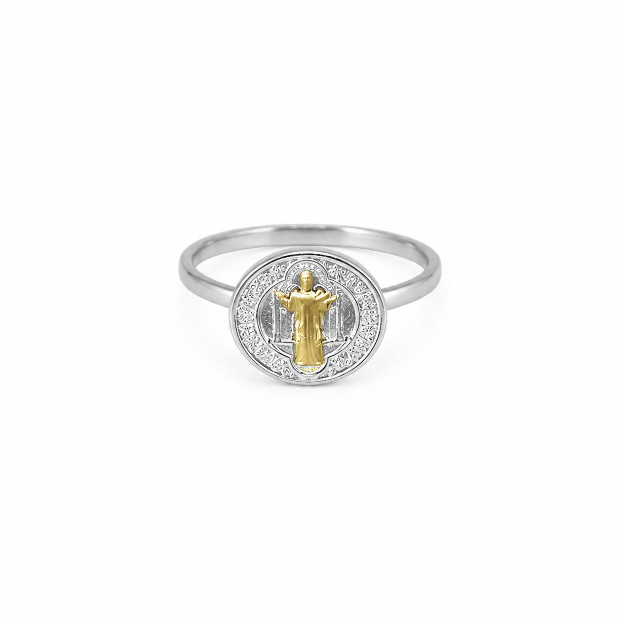 Semijoia Anel Fino São Bento 10mm ARO13 Banho Ouro 18K Banho Ródio