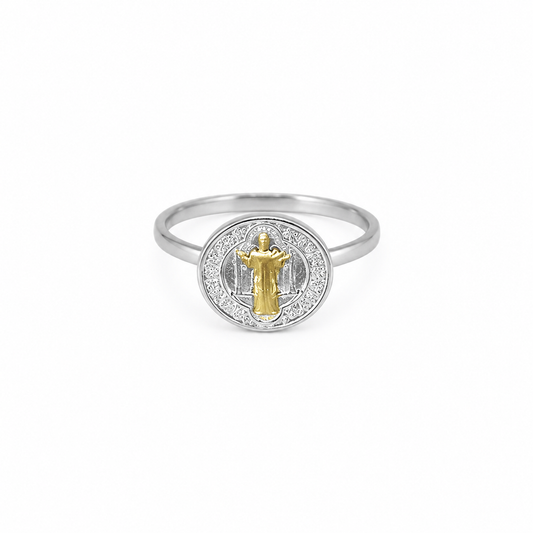 Semijoia Anel Fino São Bento 10mm ARO13 Banho Ouro 18K Banho Ródio