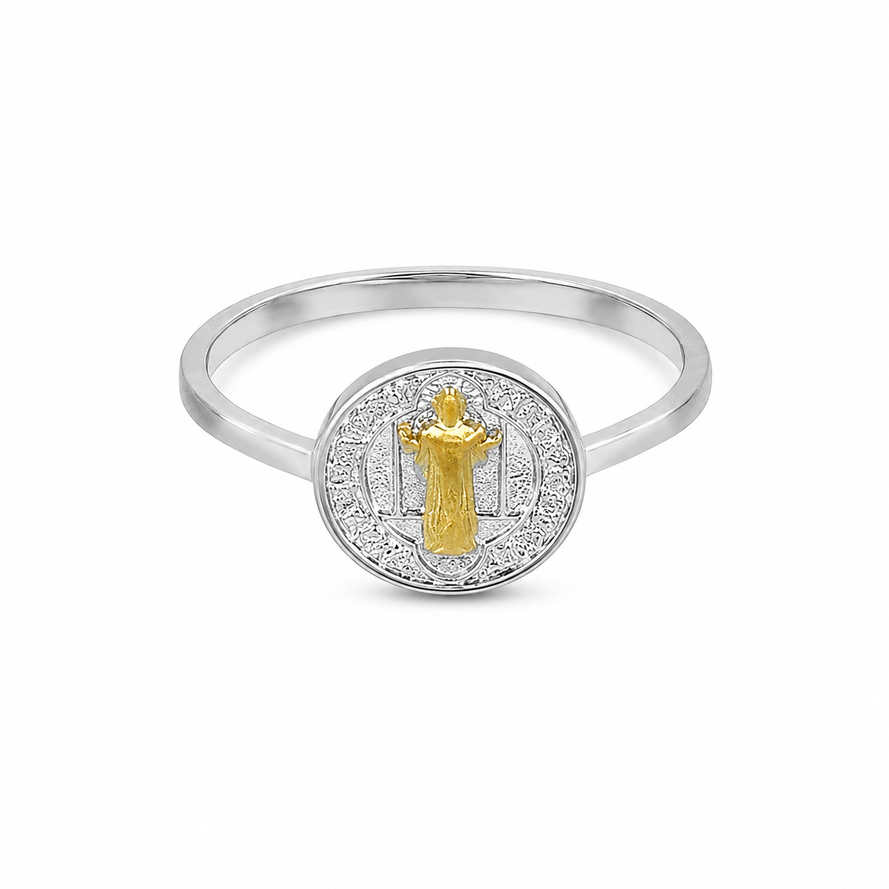 Semijoia Anel Fino São Bento 10mm ARO15 Banho Ouro 18K Banho Ródio
