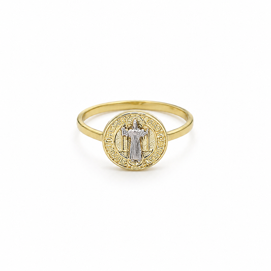 Semijoia Anel Fino São Bento 10mm ARO16 Banho Ródio Banho Ouro 18K