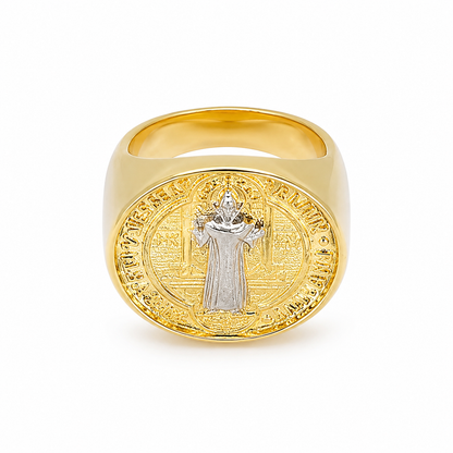 Semijoia Anel Largo São Bento 19mm Aro 13 Banho Ródio Banho Ouro 18K
