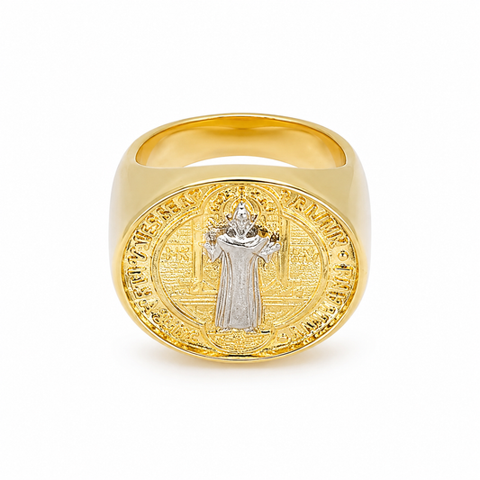 Semijoia Anel Largo São Bento 19mm Aro 13 Banho Ródio Banho Ouro 18K