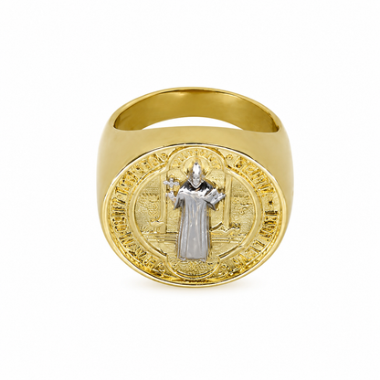 Semijoia Anel Largo São Bento 19mm Aro 15 Banho Ródio Banho Ouro 18K