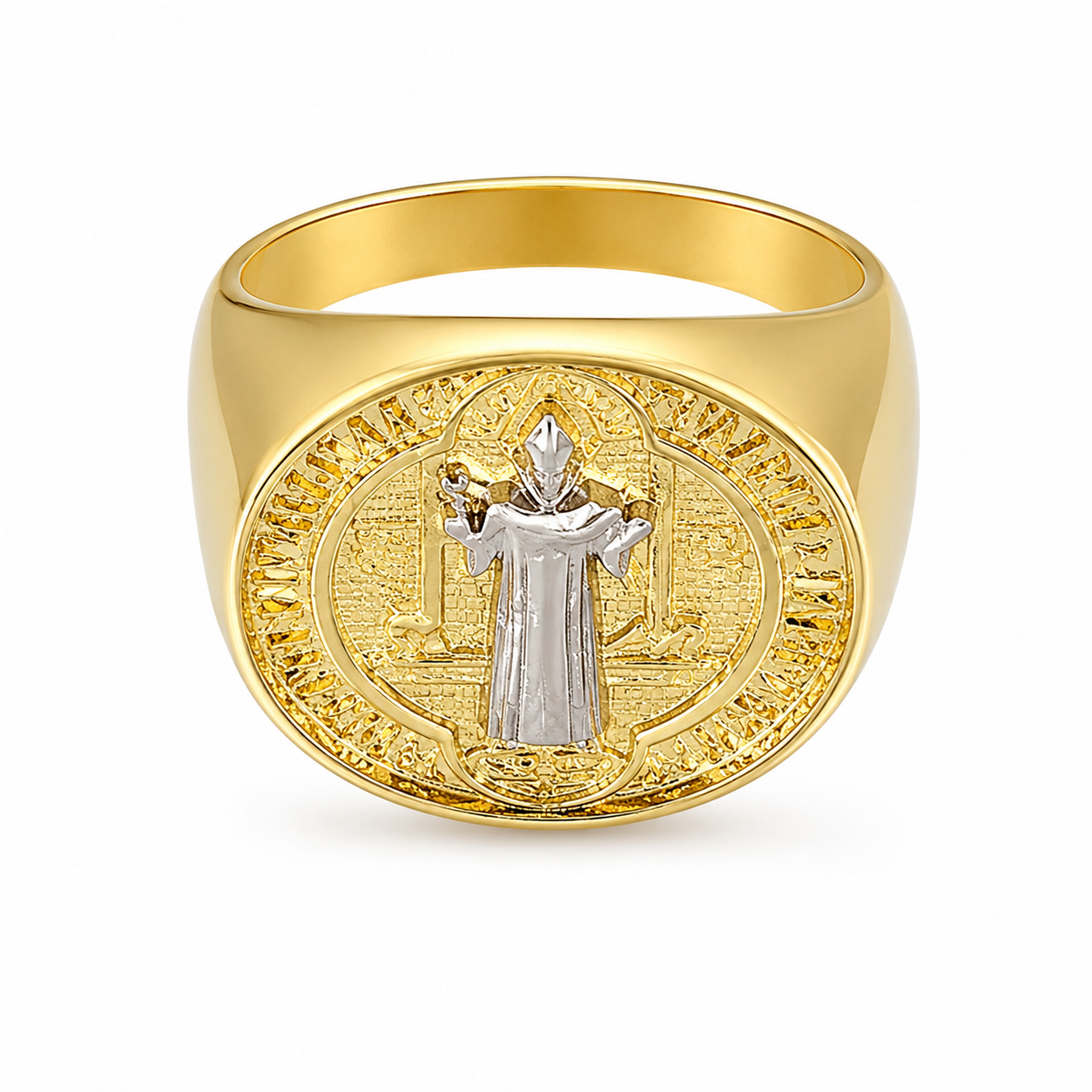 Semijoia Anel Largo São Bento 19mm Aro 19 Banho Ródio Banho Ouro 18K