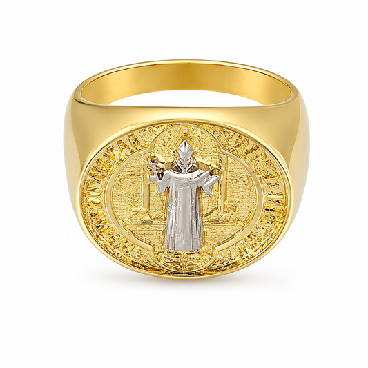 Semijoia Anel Largo São Bento 19mm Aro 19 Banho Ródio Banho Ouro 18K