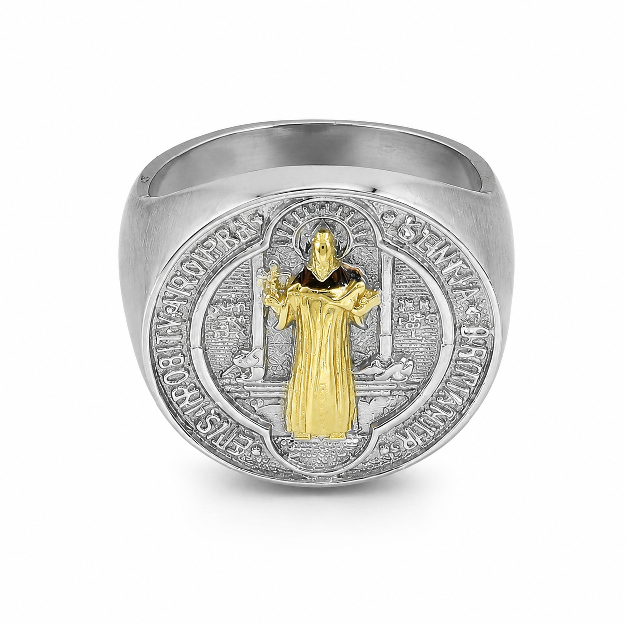 Semijoia Anel Largo São Bento 19mm Aro 17 Banho Ouro 18K Banho Ródio