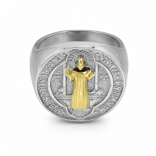 Semijoia Anel Largo São Bento 19mm Aro 17 Banho Ouro 18K Banho Ródio