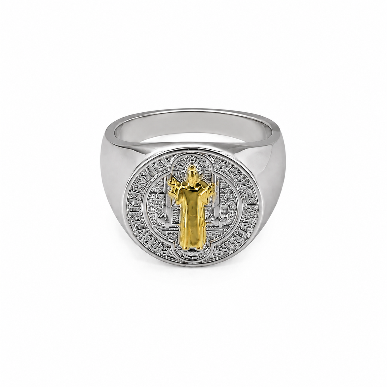 Semijoia Anel Largo São Bento 19mm Aro 21 Banho Ouro 18K Banho Ródio