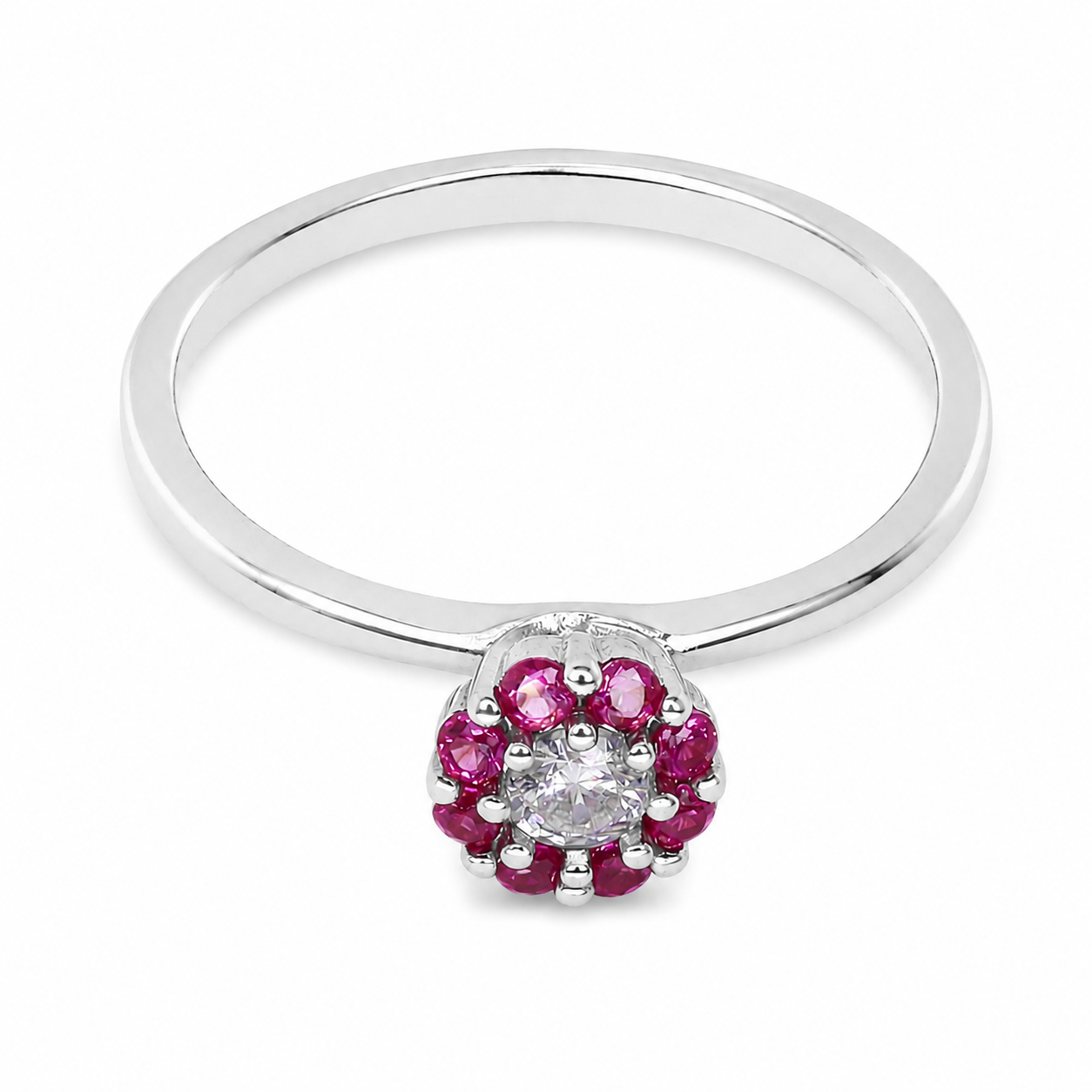 Semijoia Anel Solitário Flor Zircônia E Rubis 5mm Aro 18 Banho Ródio