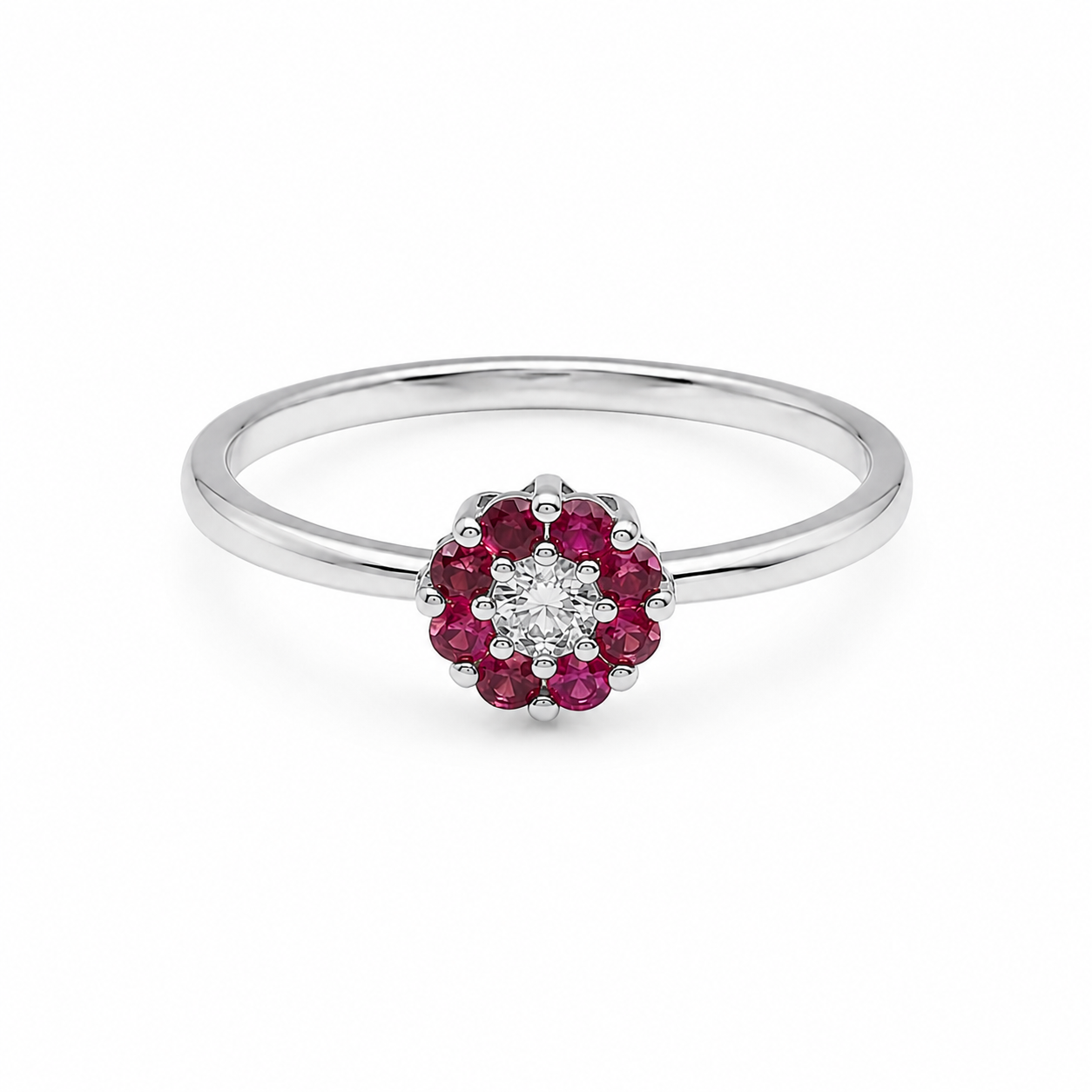 Semijoia Anel Solitário Flor Zircônia E Rubis 5mm Aro 17 Banho Ródio