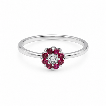 Semijoia Anel Solitário Flor Zircônia E Rubis 5mm Aro 17 Banho Ródio