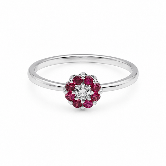 Semijoia Anel Solitário Flor Zircônia E Rubis 5mm Aro 17 Banho Ródio