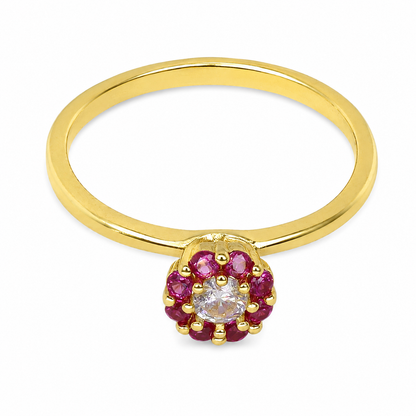 Semijoia Anel Solitário Flor Zircônia E Rubis 5mm Aro 14 Banho Ouro 18K