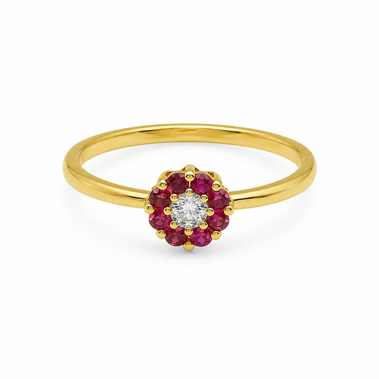 Semijoia Anel Solitário Flor Zircônia E Rubis 5mm Aro 21 Banho Ouro 18K