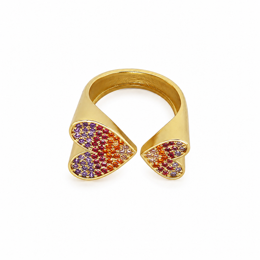 Semijoia Anel Corações Cravejados Colors 13mm Banho Ouro 18K